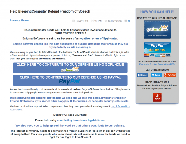 BleepingComputer is sued by Enigma Software for false claims