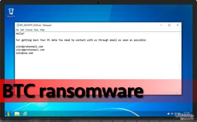 Screenshot of the ransom note left by BTC virus