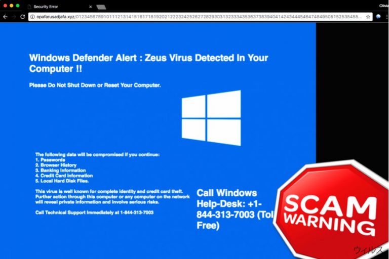 「Windows Defender Alert: Zeus ウィルス」Tech support scam
